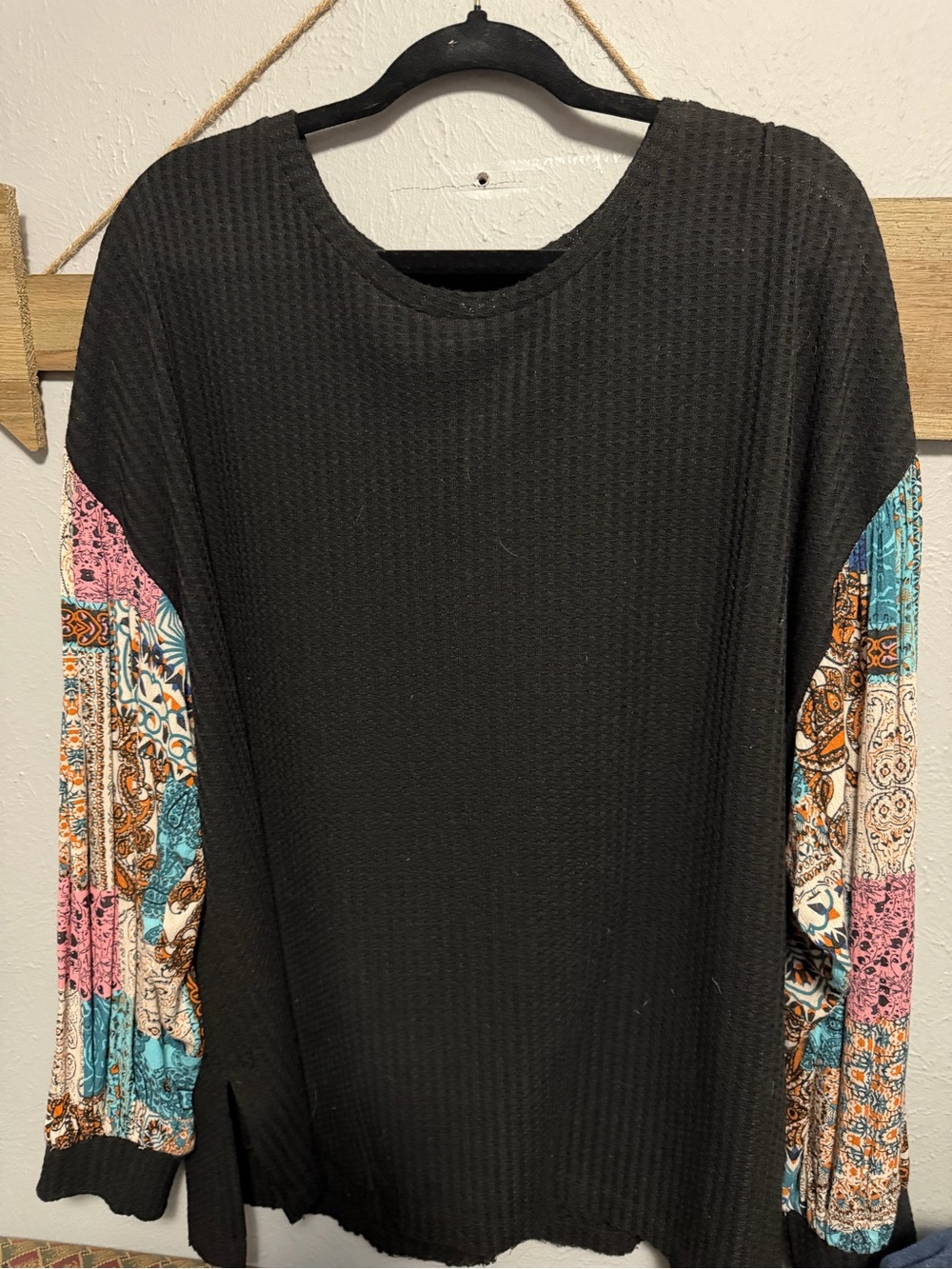Umgee Black Waffle Knit Top with Multicolor Patterned Long Sleeves